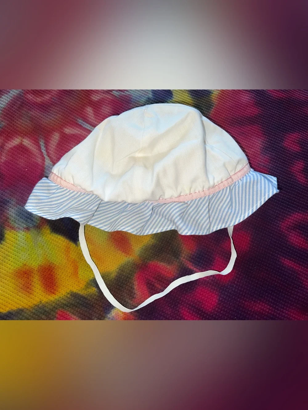 Vintage 90s Baby Bonnet Hat White with Blue Striped Ruffle & Pink Trim
